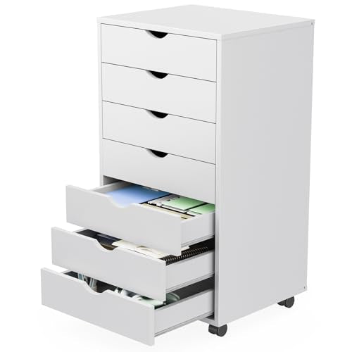 White 7-Drawer Rolling Storage Cabinet - Mobile Wood Dresser for Home & Office