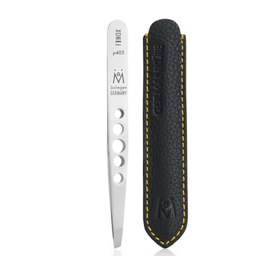 GERMANIKURE Perforated Slanted Tweezers with Leather Sleeve, German Steel Precision Grooming Tool