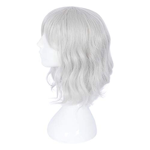 14-inch Silver White Curly Wavy Short Bob Wig with Bangs for Women - Cosplay & Daily Use