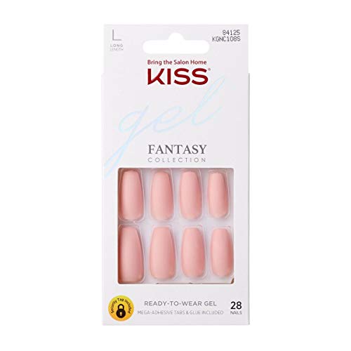 KISS Gel Fantasy Ready-to-Wear Press-On Gel Nails, ¡°All About You¡±, Long, Pink, Matte Finish, Nail Kit with 24 Mega Adhesive Tabs, Pink Gel Glue, Manicure Stick, Mini File, and 28 Fake Nails
