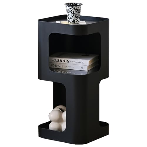 Small Metal Side Table with Storage Shelf - Black Trumpet Variant, Space-Saving Nightstand for Living Room & Bedroom