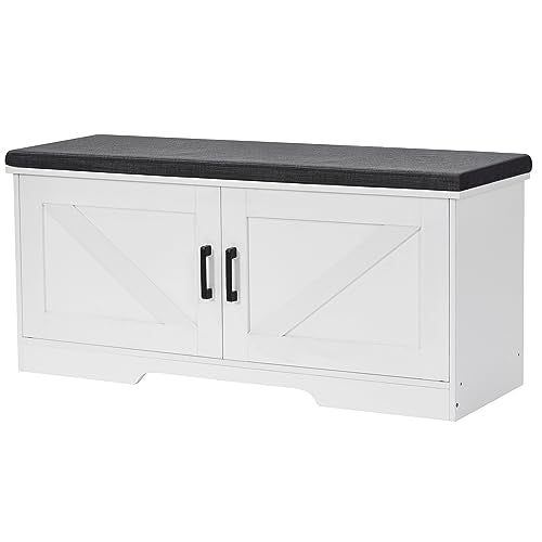 White Farmhouse Shoe Storage Bench with Barn Doors & Padded Seat - 39.4" Wide
