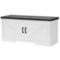 White Farmhouse Shoe Storage Bench with Barn Doors & Padded Seat - 39.4" Wide