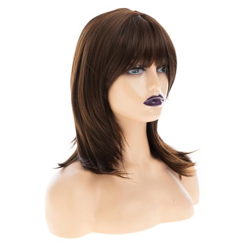 Wiwige Brown Long Straight Layered Wig with Bangs Synthetic Heat-Resistant for Women
