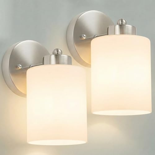 Frosted Wall Sconce Set of Two - Brushed Nickel Bathroom Vanity Lights, Modern & Farmhouse Style