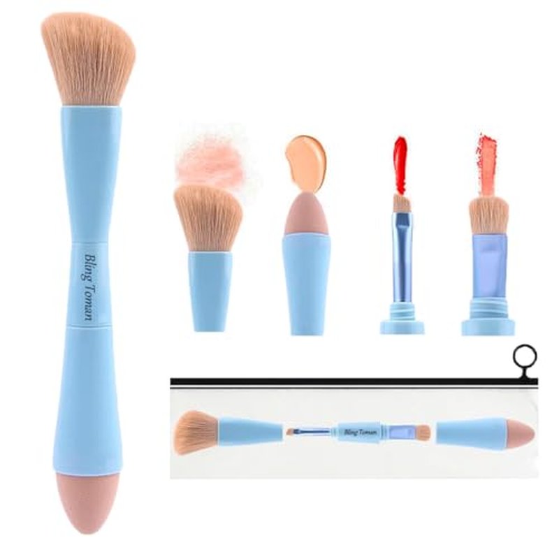 Bling Toman 4-in-1 Makeup Brush,Makeup Sponge,Blush Blending,Eyeshadow,Eyebrow&Liner Lip Face Foundation All-in-One Brushes Travel Makeup Brush Set Mini Makeup Tools Kit, Cosmetics Gift for Women