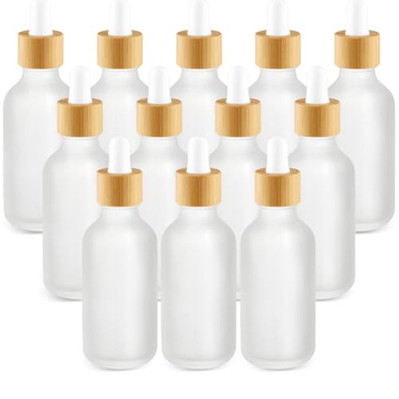 12 Pcs Frosted Glass Dropper Bottle Refillable Essential Oil Container Jars with Eye Dropper & Bamboo Lids for Perfume Sample Cosmetic Liquid Travel - 60ml/2oz