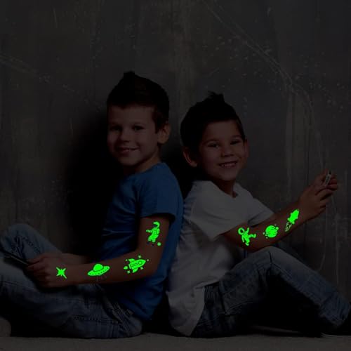 Partywind 225 Styles (30 Sheets) Luminous Space Kids Temporary Tattoos for Party Supplies, Outer Space Party Favors with Astronaut/Planet/Star/Moon, Games for Boys Children