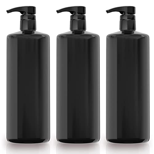 Bar5F 1-Liter BPA-Free Black Pump Bottles ? Refillable PET Plastic Dispensers for Shampoo, Conditioner & Body Wash with UV Shield Gloss Finish, Heavy-Duty 3-Pack