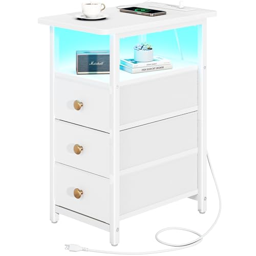 White End Table with Charging Station & 3 Fabric Drawers - Slim Nightstand for Small Spaces