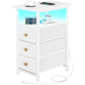 White End Table with Charging Station & 3 Fabric Drawers - Slim Nightstand for Small Spaces
