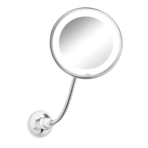 Brightown 10x Magnifying Mirror with Light, 7.5 x 7.4 Inch Silver Travel Makeup Mirror with Gooseneck & Suction Cup