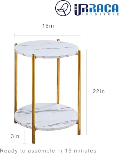 Gold Round End Table with Faux Marble Top - 2-Tier Modern Side Table