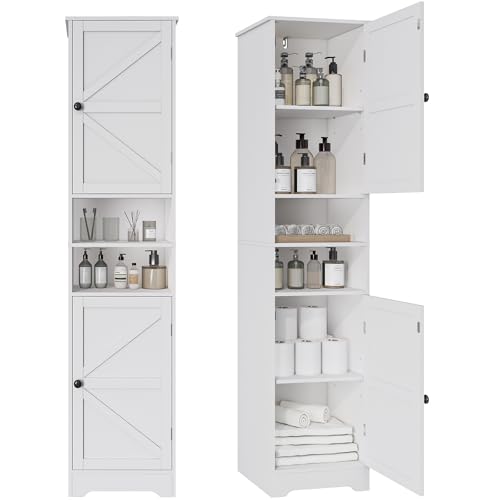 Tall Bathroom Storage Cabinet - White Freestanding Vertical Organizer with Adjustable Shelves