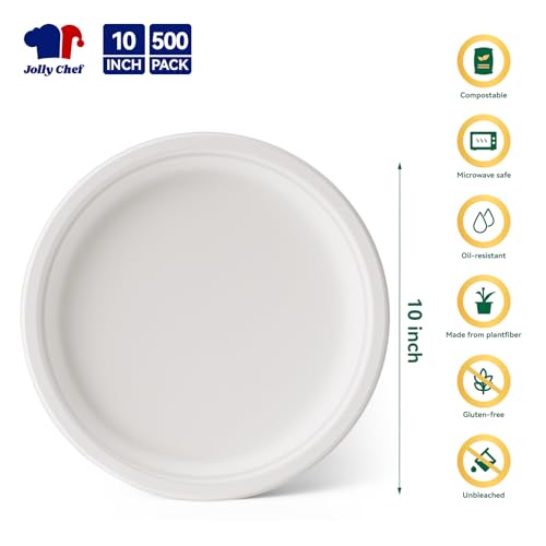 Eco-Friendly Heavy Duty 10 Inch Disposable Paper Plates - 500 Pack, White, Compostable