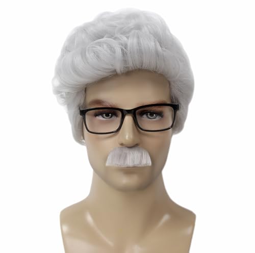 STfantasy Grey White Short Men's Wig with Sunglasses & Beard for Old Man Costume Halloween Cosplay 12 Inch