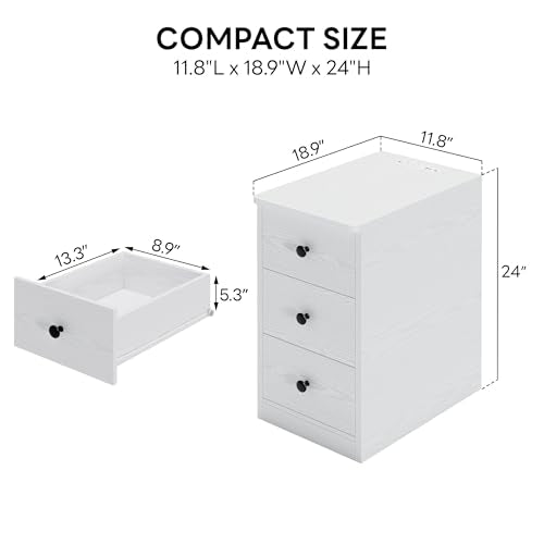 White Nightstand with Charging Station, 3 Drawers Modern Bedroom Side Table