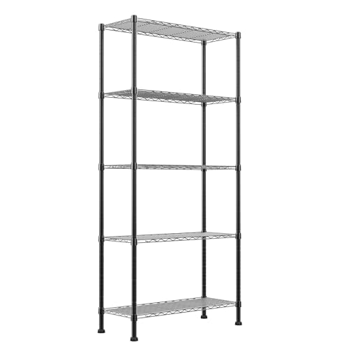 Black 5-Tier Adjustable Wire Shelving Unit - Heavy Duty Storage Rack for Kitchen, Bathroom, Laundry, Closet - 14.1"D x 30"W x 79"H