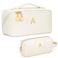 KKXIU Initial Makeup Bag for Women - Personalized Makeup Bag Gifts for Women, Travel Toiletry Bag with PU Leather, Open Flat Design with Top Handle, Cosmetic Bag Set with Multi-Pocket (Beige,A)
