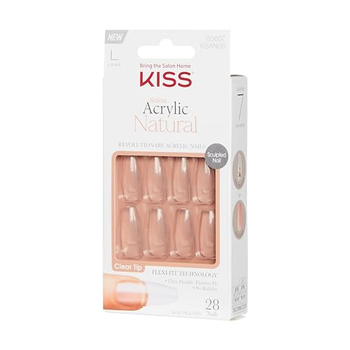 KISS Salon Acrylic Natural Nails, Clear Tip, Long, Ultra-Smooth Finish, DIY At-Home Manicure Kit with Pink Gel Nail Glue, Mini File, Manicure Stick, and 28 Nails in 14 sizes