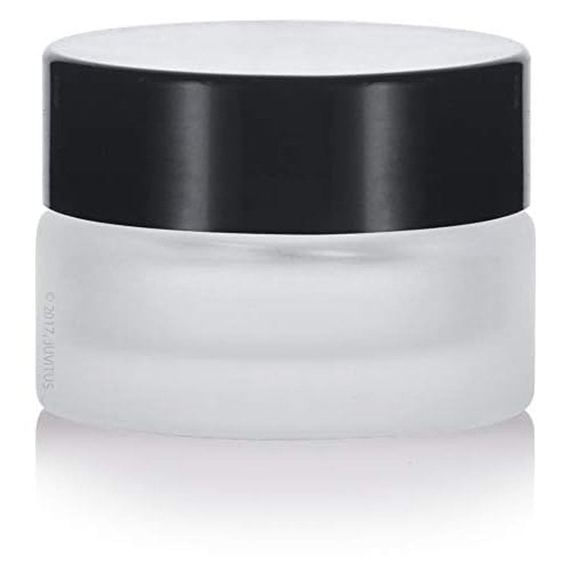 (24 pack) 5 ml 1/6 oz Frosted Clear Glass Small Thick Wall Jars with Black Smooth Foam Lined Lids