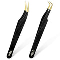 2 Pack Eyelash Extension Tweezers, Professional Pointed & Slanted Tweezers for Eyelash Lifting, Lash Extension Application, False Eyelashes, Made of Premium Surgical Stainless Steel (Black)