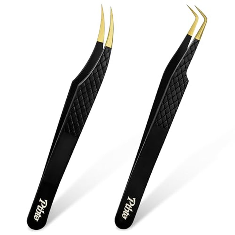 2 Pack Eyelash Extension Tweezers, Professional Pointed & Slanted Tweezers for Eyelash Lifting, Lash Extension Application, False Eyelashes, Made of Premium Surgical Stainless Steel (Black)