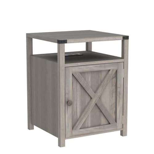 Rustic Grey Farmhouse Nightstand with Charging Station, Storage End Table