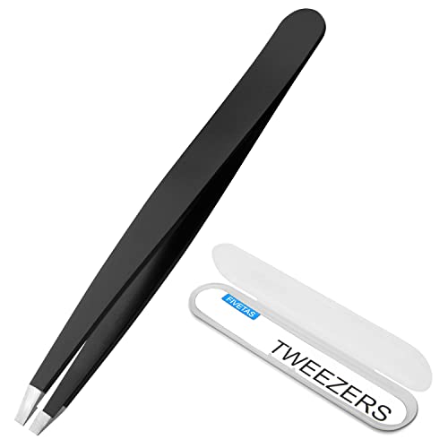 Stainless Steel Tweezers for Eyebrows-Flat Tweezer with Case for Women&Man,Great Precision on Brow,Facial Hair and Ingrown Hair Removal(Black)