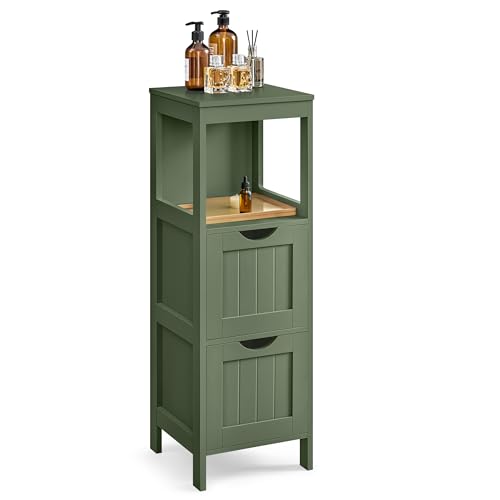 VASAGLE 35" H Floor Cabinet with 2 Drawers, Forest Green – Slim Corner Storage, Open Shelf