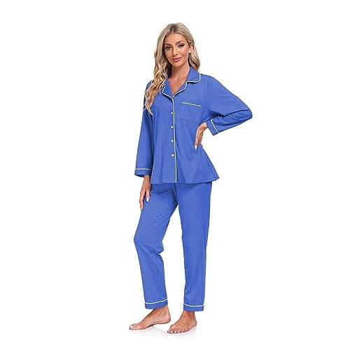 COLORFULLEAF Women's 100% Cotton Long Sleeve Pajama Sets Button Down Notched Collar Sleepwear Soft Lounge Pjs with Pockets