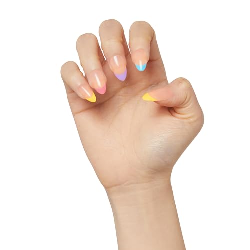 KISS Impress Press-On Manicure Fake Nails, Young Love - Medium Length, Almond Shape, Polish-Free Multicolor French Tip Design Mani, Includes Prep Pad, Mini File, Manicure Stick, and 30 Fake Nails