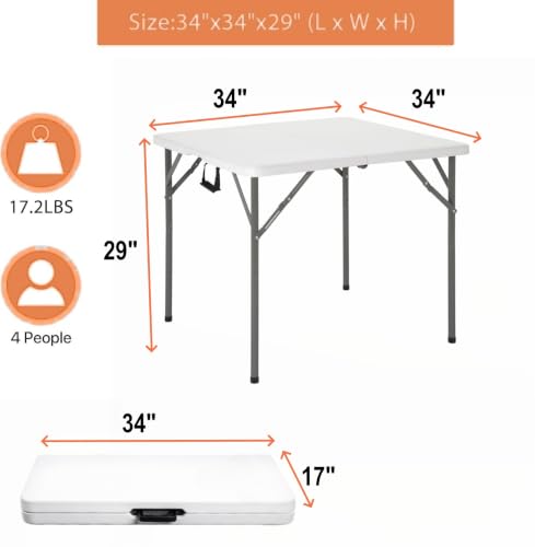 34-Inch Square Folding Card Game Table with Removable Steel Legs, Waterproof HDPE Top, Portable for Parties & Camping