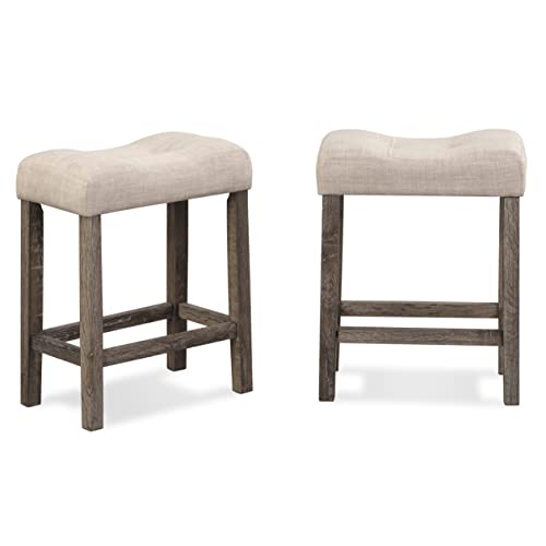 Counter Height Saddle Stool Set - Taupe Button Tufted Bar Stools, Set of 2