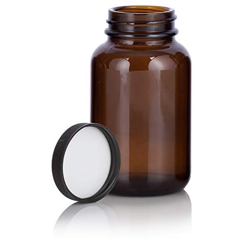 JUVITUS Amber 4 oz Glass Packer Bottle with Black Ribbed Lid (6 pack)