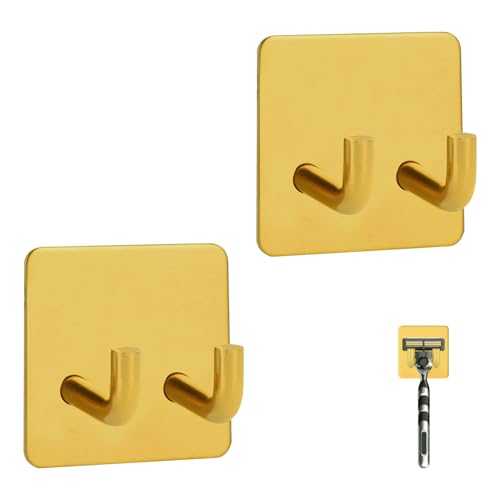 Snailhouse Razor Holder for Shower, 2 Pack Stainless Steel Self Adhesive Bathroom Razor Shaver Towel Hooks Hanger Stand for Wall, Gold