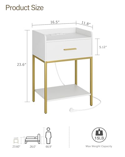 Masupu White Nightstand with Charging Station, 3-Tier Bedside Table with Drawer & Shelf
