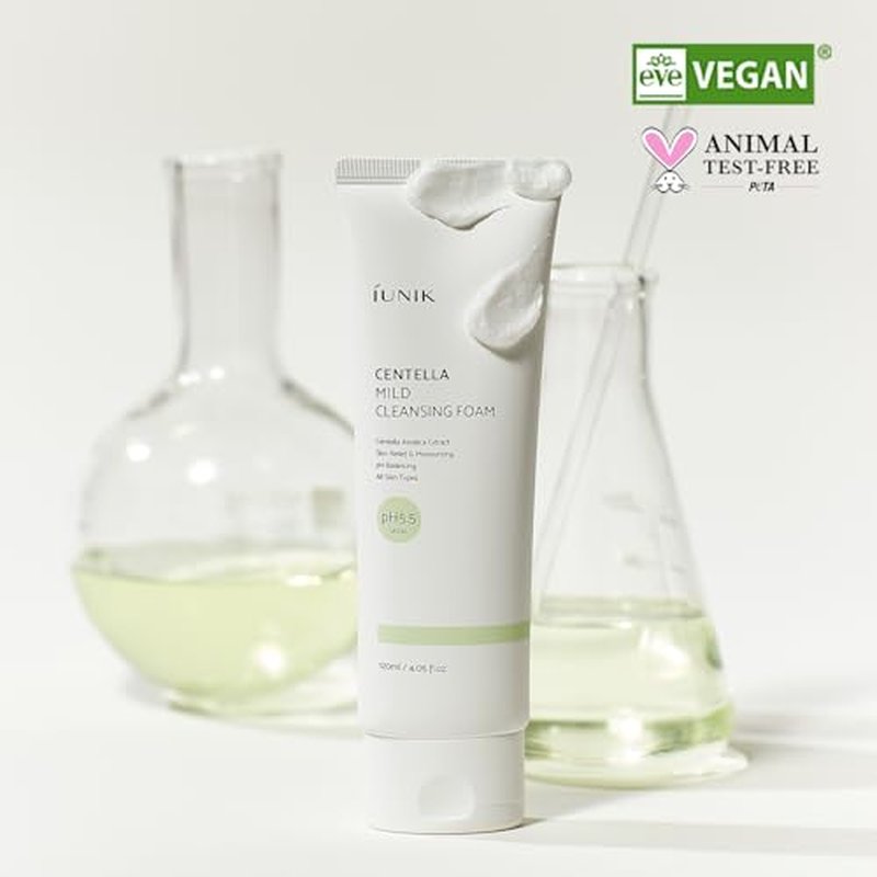 IUNIK Centella Mild Facial Foaming Cleanser - Non-stripping Sub-Acid w/Centella Asiatica 49% Moisturizing pH Balancing for Oily Dry Senstivie Acne-prone skin Vegan Korean Skincare