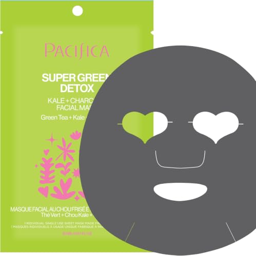 Pacifica Super Green Tea Detox Kale & Charcoal Facial Sheet Mask Pack of 1 - Vegan & Cruelty-Free