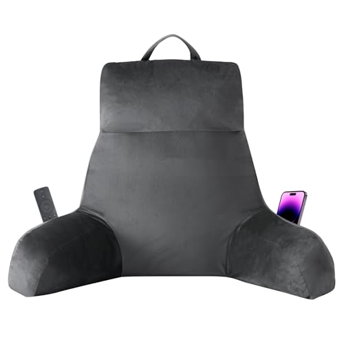 IPYNBAP Reading Pillow for Bed - 24 Inch Grey Backrest Support with Arms & Storage - Large