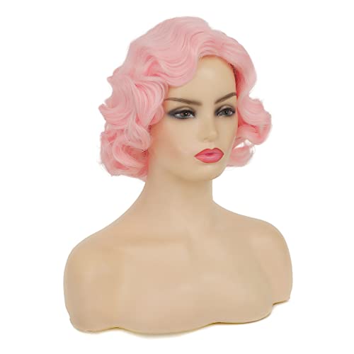 Pink Short Curly Finger Wave Wigs for Women - Vintage Cosplay Halloween Hair