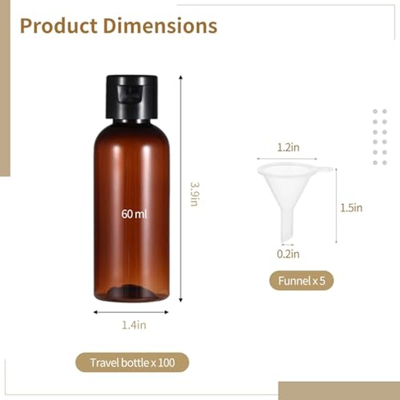 100 Pack 2 oz Plastic Empty Travel Bottles with Flip Cap 60ml Travel Size Containers Portable Leak Proof Clear Plastic Bottles Refillable Dispensing Bottles for Liquid Shampoo Lotion Brown