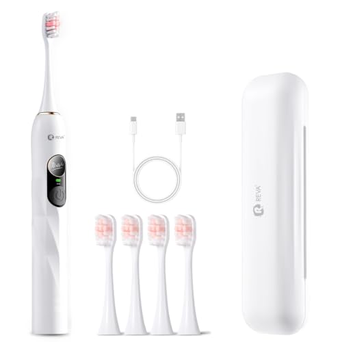 Reva V3 Sonic Electric Toothbrush for Adults - White, 5 Modes, 200-Day Battery & 4 Brush Heads