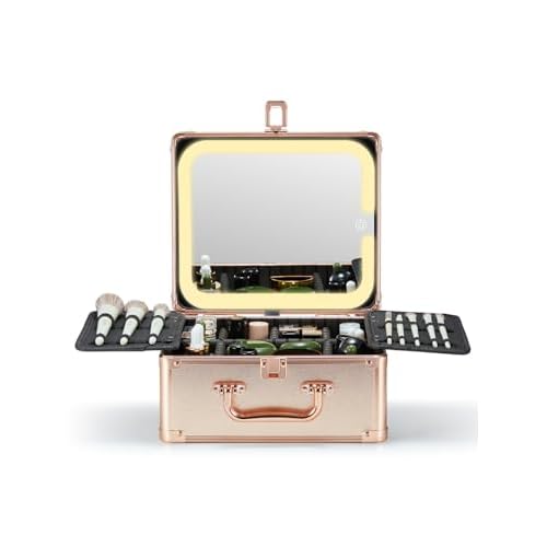 Qislee Makeup Box with A Detachable Lighted Mirror, Waterproof Travel Train Case, Cosmetic Organizer and Makeup Suitcase with Adjustable Dividers, Magnetic LED Mirror(Rose Gold)