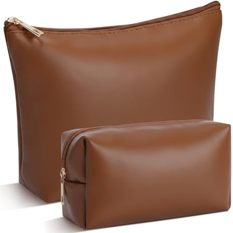 Kigeli 2 Pcs PU Leather Makeup Bag Set for Women Aesthetic Cosmetic Bag Small Toiletry Travel Pouch for Purse Emergency Skincare Organizer Valentine Gifts for Bridesmaid Birthday(Brown)