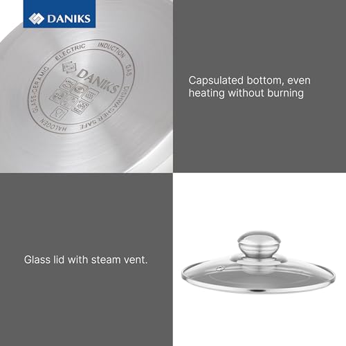 Daniks 6-Piece Stainless Steel Cookware Set with Glass Lids, Tri-Ply Base, Induction Compatible