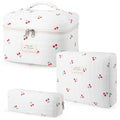 3Pcs Cotton Quilted Makeup Bag for Women Girls, Large Floral Cosmetic Bag Set Cute Makeup Brushes Aesthetic Accessories Storage Bag Cherry Travel Toiletry Bag Organizer