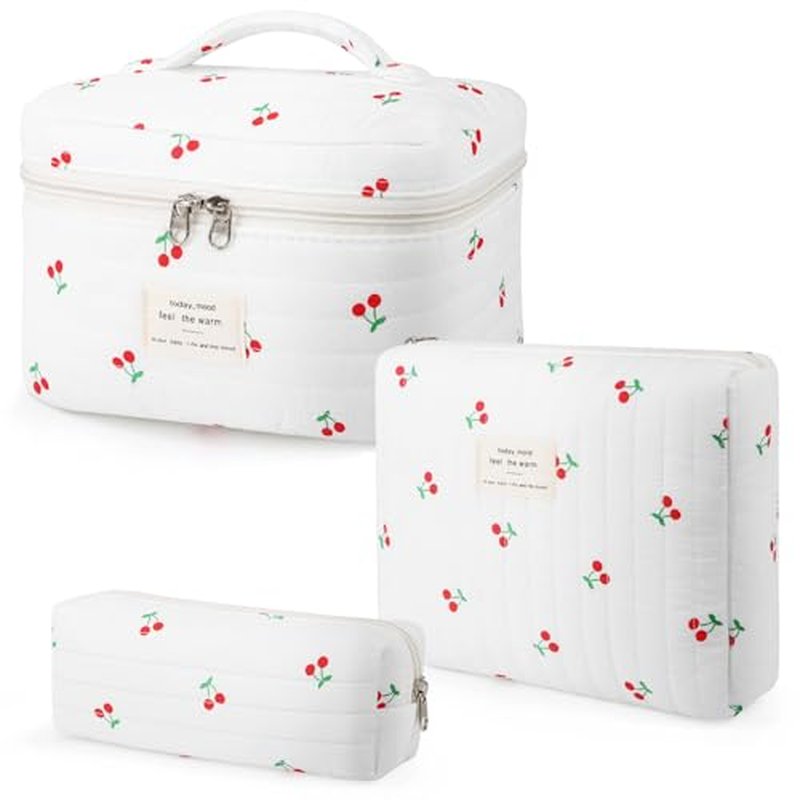 3Pcs Cotton Quilted Makeup Bag for Women Girls, Large Floral Cosmetic Bag Set Cute Makeup Brushes Aesthetic Accessories Storage Bag Cherry Travel Toiletry Bag Organizer