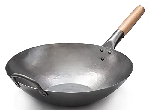 14-Inch Flat Bottom Carbon Steel Wok with Wooden & Steel Handles - Heavy Duty