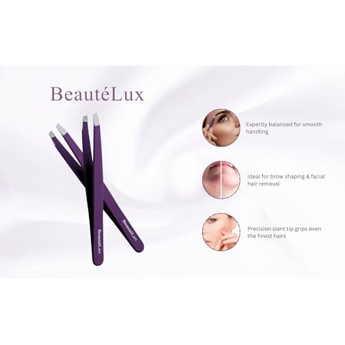 Premium Slant Tip Eyebrow Tweezer (Purple), Stainless Steel Precision Tweezers for Men & Women, for Facial Hair Removal, with Leather Case